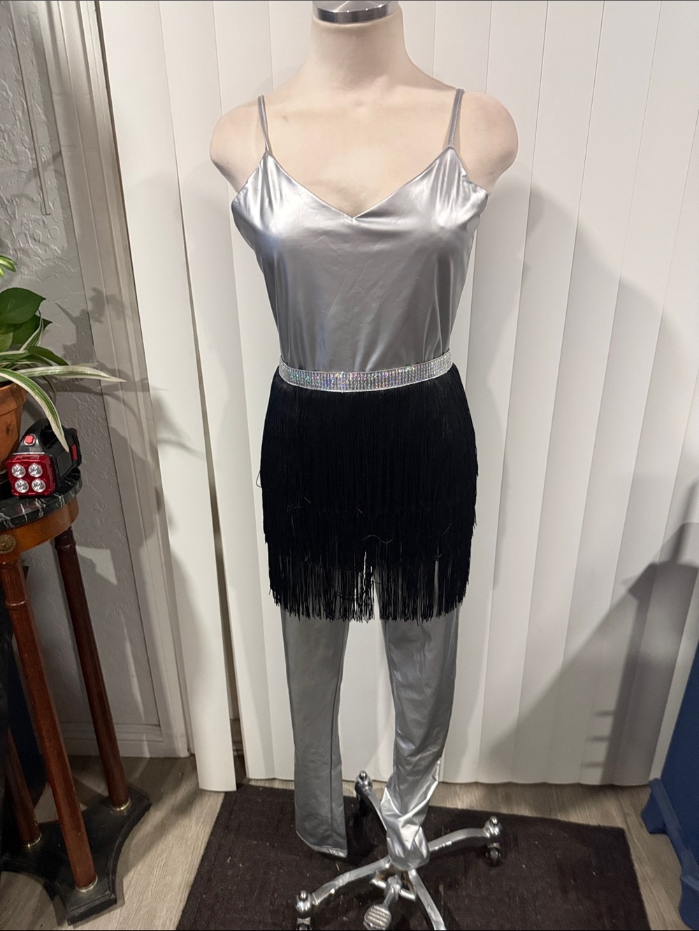 Y2K Silver Satin Spaghetti-Strap Jumpsuit with Black Fringe Skirt